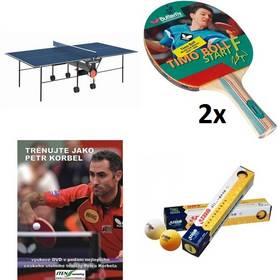 Set stůl Butterfly Korbel Roller se síťkou modrý, vnitřní + 2x pingpongová pálka Butterfly Boll Start FL + pingpongové míčky YOUTH, bílé + naučné DVD Trénuj jako Petr Korbel