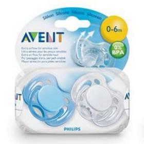 Šidítko AVENT SENSITIVE 0-6m. bez BPA, 2ks bílé/modré