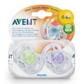 Šidítko AVENT SENSITIVE FANTAZIE 0-6m. bez BPA, 2ks, potisk zelené/fialové