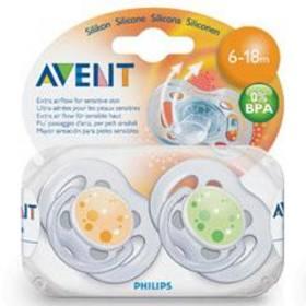 Šidítko AVENT SENSITIVE FANTAZIE 6-18m. bez BPA, 2ks, potisk zelené/oranžové