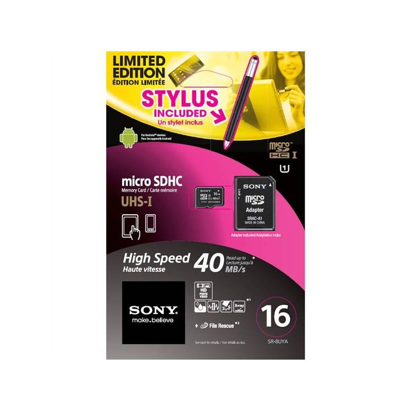 Paměťová karta Sony MicroSDHC 16GB Class 10 UHS 1 + adapter + stylus (SR16UYA-STYLUS) černá, paměťová, karta, sony, microsdhc, 16gb, class, uhs, adapter, stylus