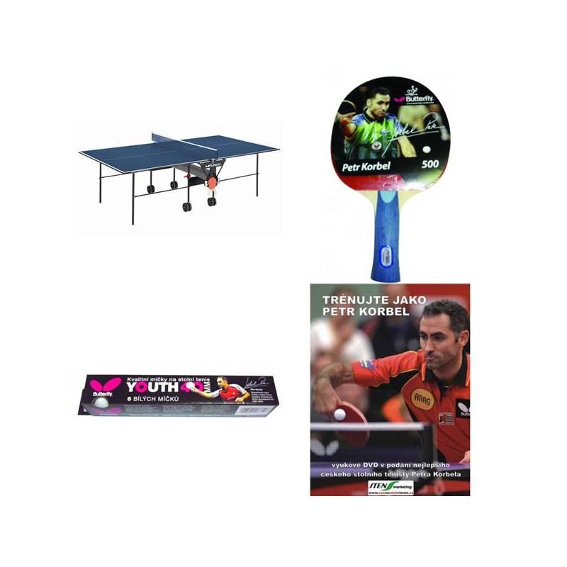 Set stůl Butterfly Korbel Roller se síťkou modrý, vnitřní + 2x pingpongová pálka Petr Korbel 500 + pingpongové míčky YOUTH, bílé + naučné DVD Trénuj jako Petr Korbel, set, stůl, butterfly, korbel, roller, síťkou, modrý, vnitřní, pingpongová