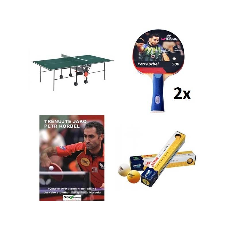 Set stůl Butterfly Korbel Roller se síťkou zelený, vnitřní + 2x pingpongová pálka Petr Korbel 500 + pingpongové míčky YOUTH, bílé + naučné DVD Trénuj jako Petr Korbel, set, stůl, butterfly, korbel, roller, síťkou, zelený, vnitřní, pingpongová